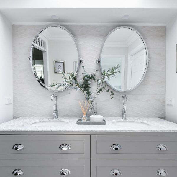 Wall Hung vanity in Hampton Grey with Carrara Marble