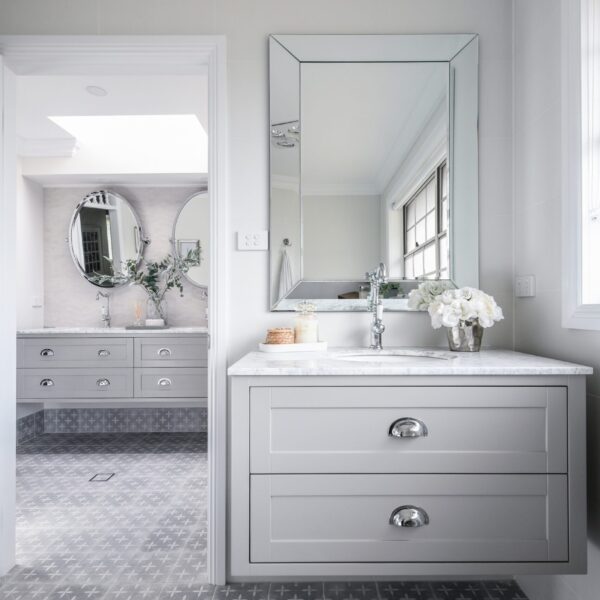 Wall Hung vanity in Hampton Grey with Carrara Marble top